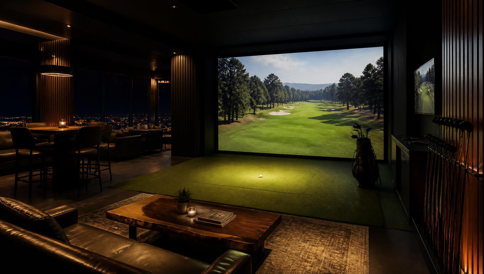 Premium indoor golf simulator studio with lounge seating