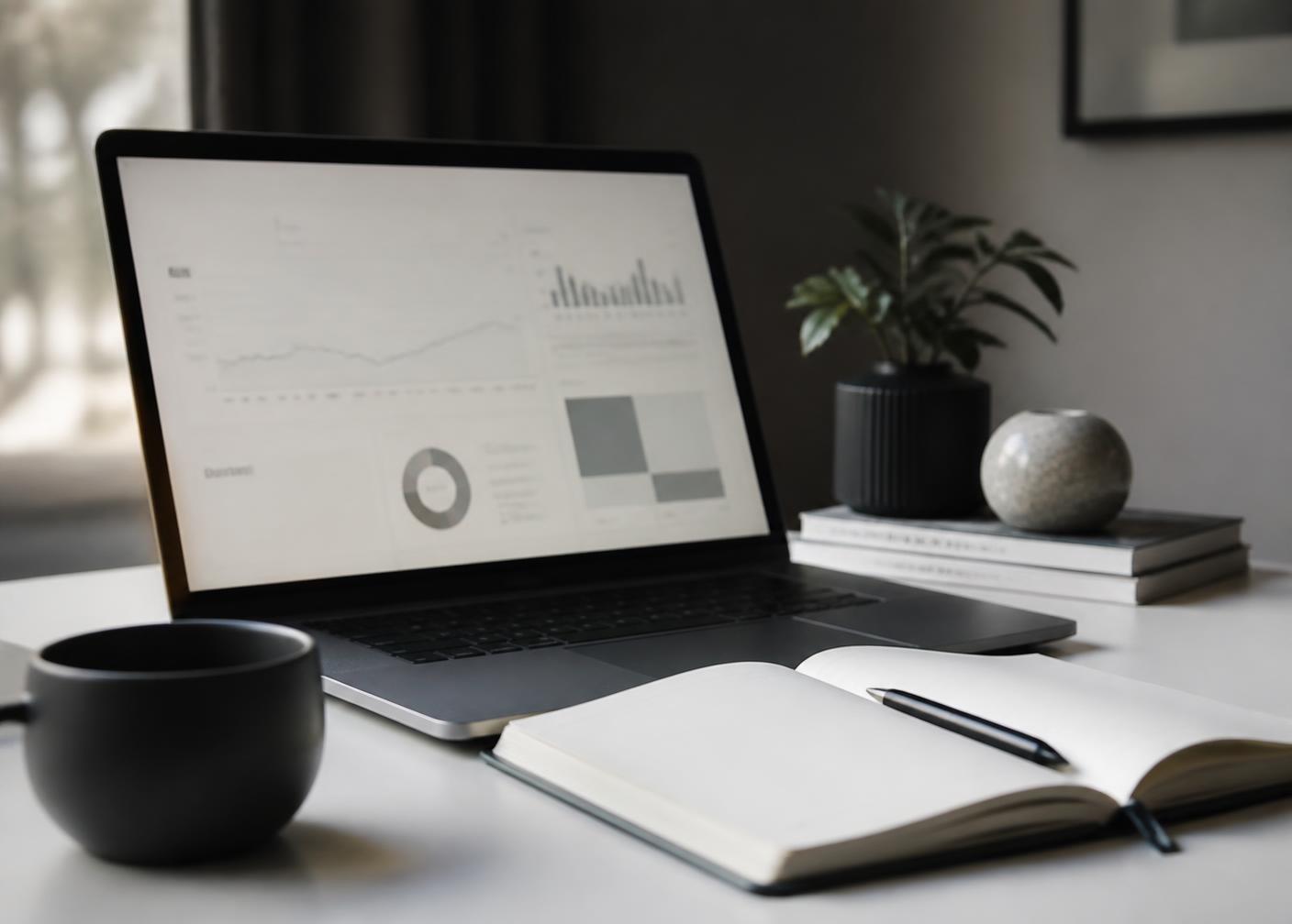 Laptop showing a marketing analytics dashboard on a minimal desk